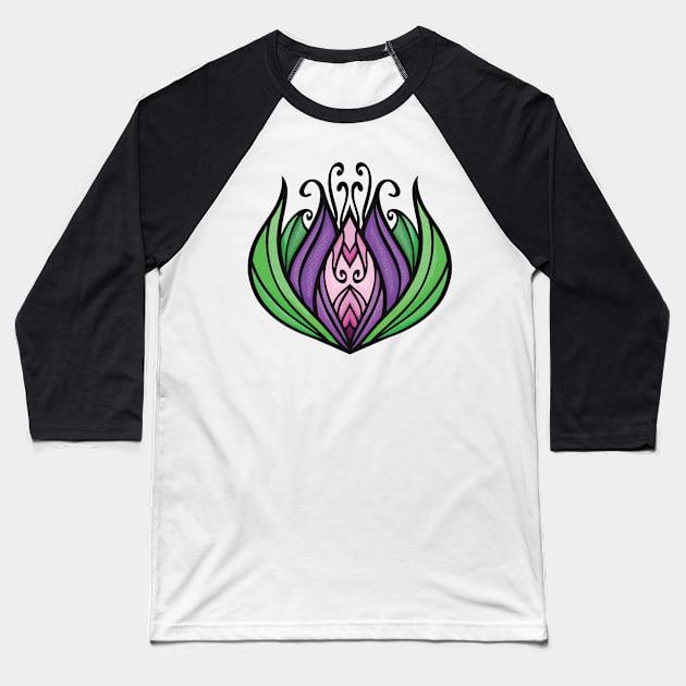 Purple, Pink, and Green Zen Lotus Flower Baseball T-Shirt by RunawayArtist